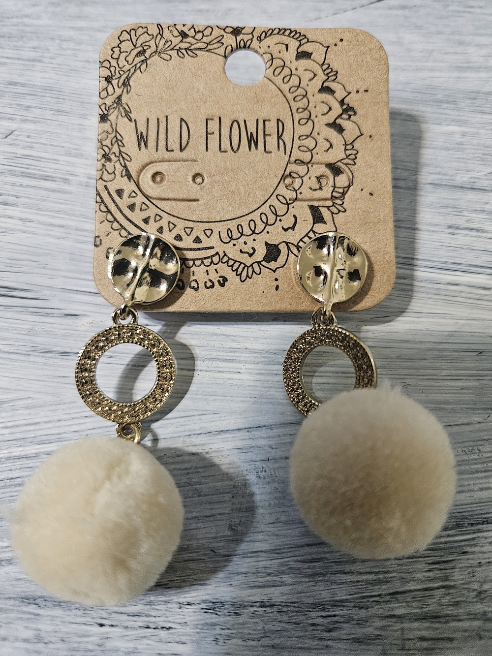 Wildflowers Cream Pom Pom Drop Earrings - Gold Accent